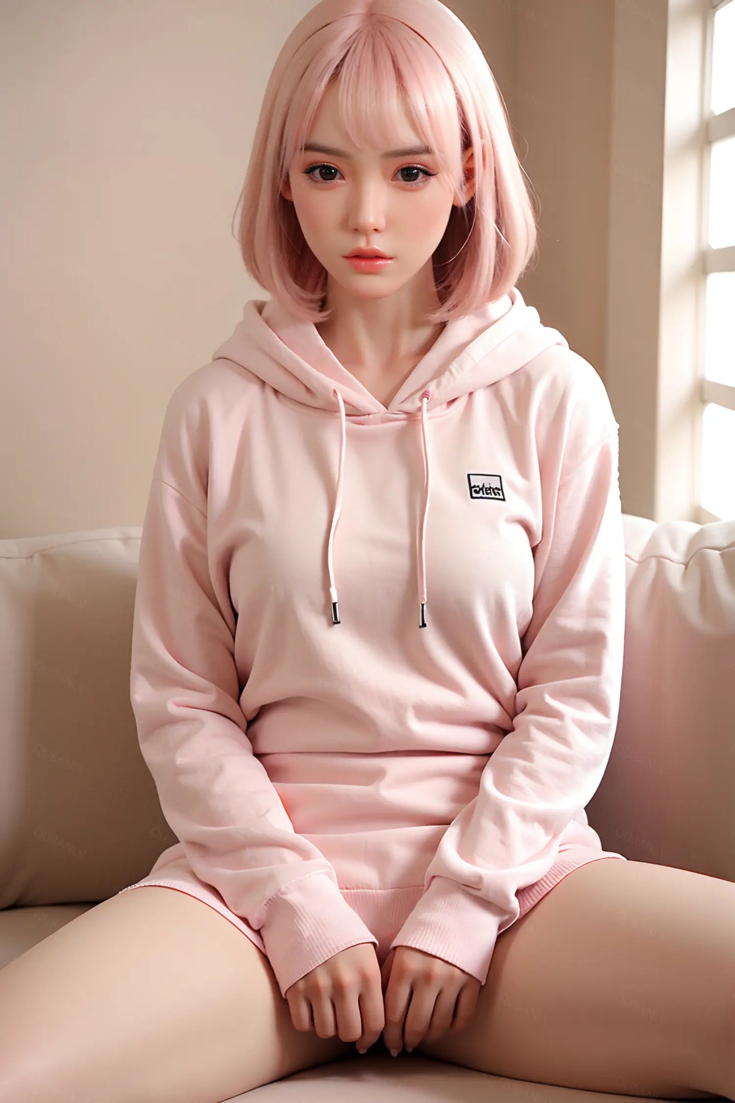 Dria sex doll cool composed direct stare, warm grey-blue eyes, short straight pastel pink bob with soft blunt fringe, soft coral lips, blush pink oversized pullover hoodie with small Adidas logo patch on chest and white drawstring detail, bare sculpted thighs slightly apart with both hands resting on inner thighs, seated on white cushioned sofa with soft warm natural window backlight and cream interior background – full-body seated shot – lifelike petite Asian girl-next-door sex doll by TopLoveDoll