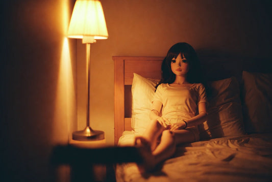 Lifelike female companion doll in white outfit sitting on a bed in a cozy, warmly lit bedroom with soft amber lighting.
