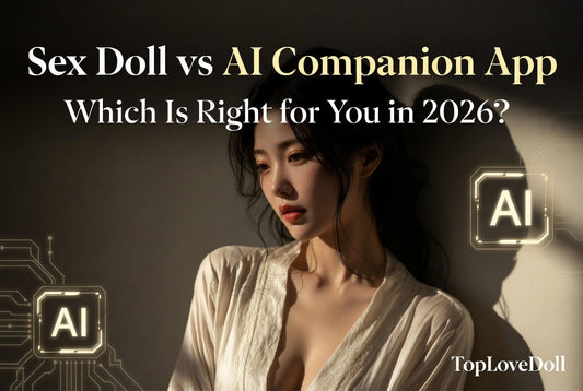 Sex doll vs AI companion app 2026 comparison guide – Asian woman in white dress beside glowing AI interface panels, cinematic dark blue tech background – blog banner by TopLoveDoll