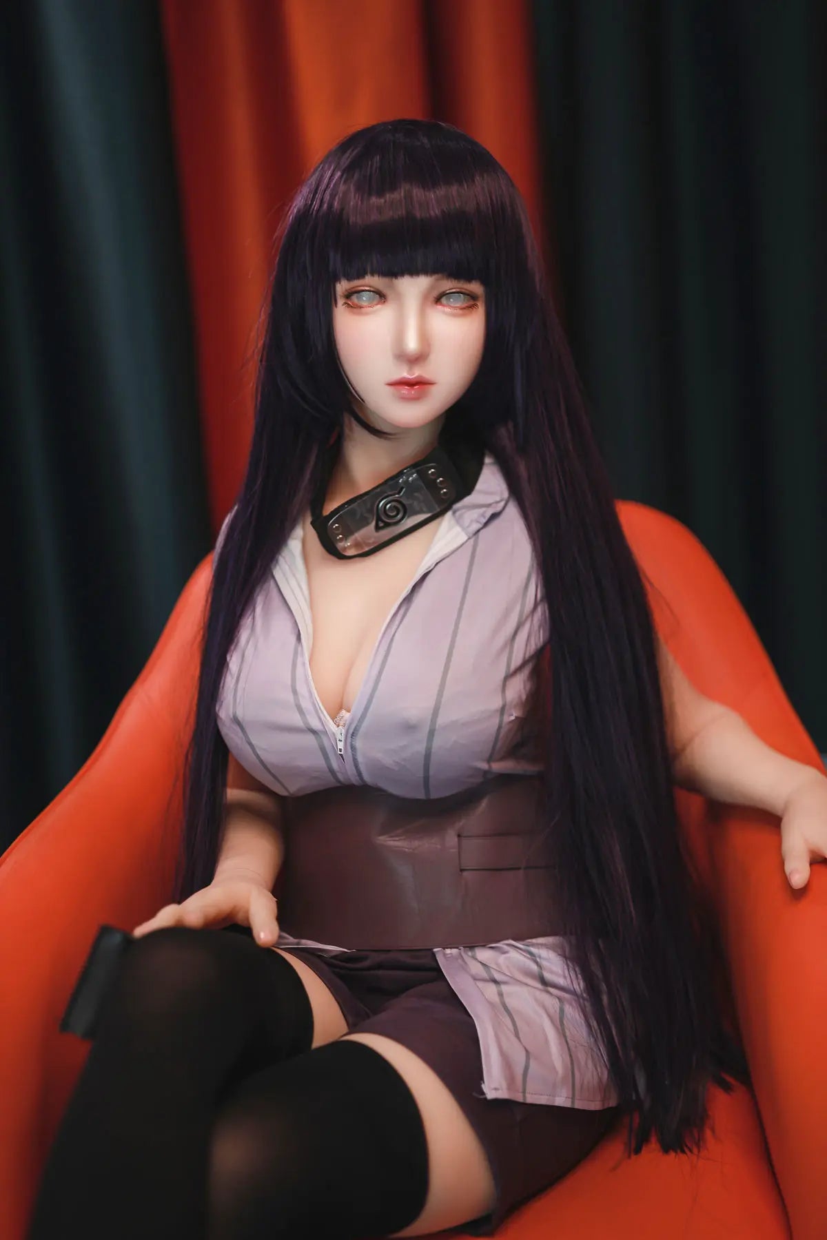 Hinata, Naruto cosplay sex doll,  black straight hair, Leaf Village outfit, half body shot, pearl earring, leaning on a table, half unzipped top – anime cosplay sex doll by TopLoveDoll