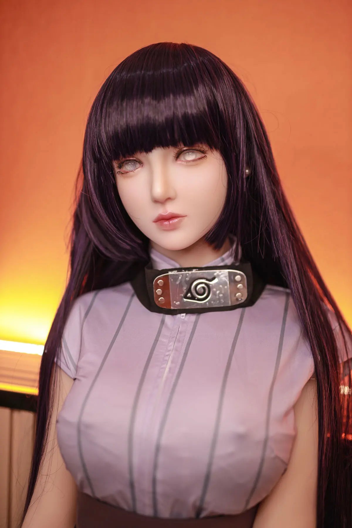 Hinata, Naruto cosplay sex doll,  black straight hair, Leaf Village outfit, half body shot, pearl earrings – anime cosplay sex doll by TopLoveDoll