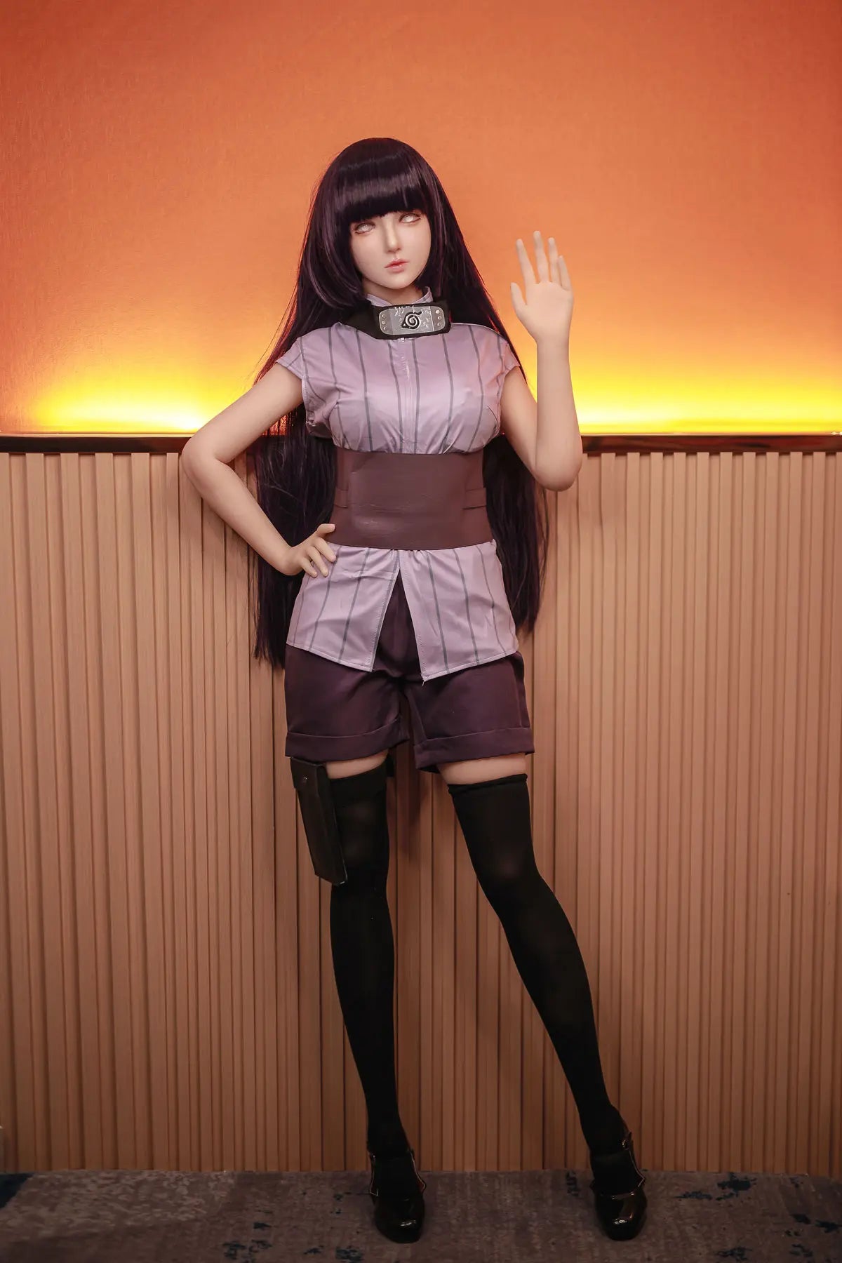 Hinata, Naruto cosplay sex doll,  black straight hair, Leaf Village outfit, full body shot, raise up one hand like greeting – anime cosplay sex doll by TopLoveDoll