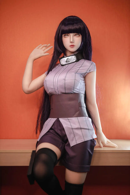 Hinata, Naruto cosplay sex doll,  black straight hair, Leaf Village outfit, half body shot, pearl earring, leaning on a table, one hand up – anime cosplay sex doll by TopLoveDoll