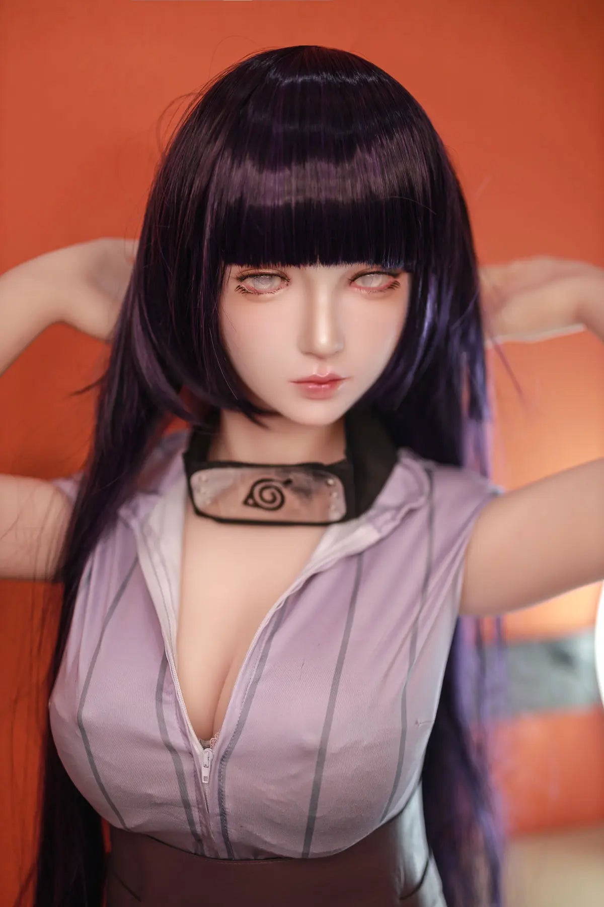 Hinata, Naruto cosplay sex doll,  black straight hair, Leaf Village outfit, half body shot, pearl earring, hands up – anime cosplay sex doll by TopLoveDoll