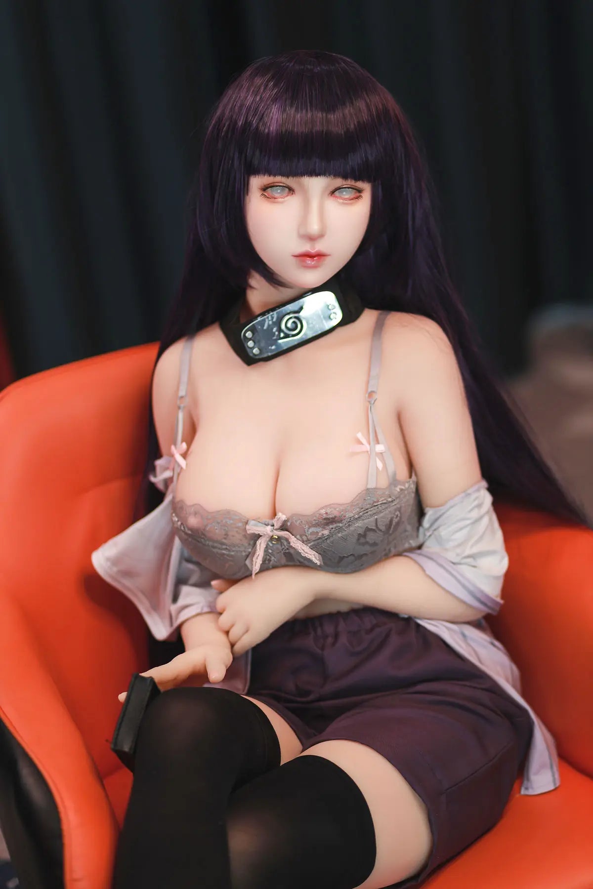Hinata, Naruto cosplay sex doll,  black straight hair, Leaf Village outfit, half body shot, pearl earring, leaning on a table, top unzipped and pulled down, revealing her bra and beautiful curves – anime cosplay sex doll by TopLoveDoll