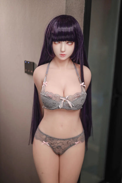 Hinata, Naruto cosplay sex doll,  black straight hair, grey lingerie set, bust shot, black heels, pearl earring, standing at a wall edge, revealing her bra and beautiful curves – anime cosplay sex doll by TopLoveDoll