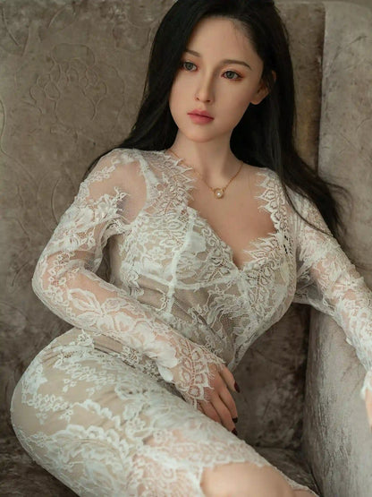 Ji-Ah, white lace bodycon dress, seated pose, Korean Gangnam beauty hourglass silhouette, looking down, borgundy finger manicure – Asian beauty sex doll by TopLoveDoll, sitting in an armchair, grey eyes, spacing out