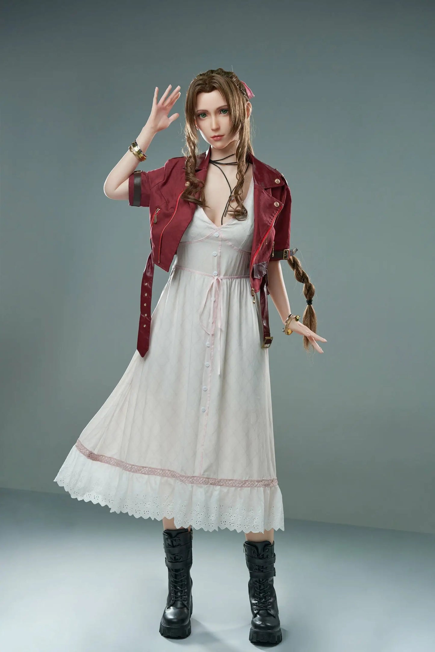 Seyo, brown wavy twin braids, pink hair bow, burgundy leather jacket, white deep-V slip dress, black leather mid-calf boots, green eyes, layered leather string choker, golden layered bracelet, looking at the camera like curious, grey studio background, standing, one hand raising up like proposing something – Tifa Lockhart cosplay sex doll by TopLoveDoll