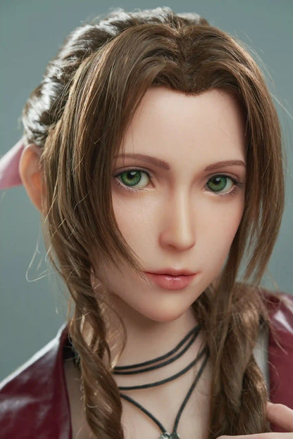 Seyo, brown wavy twin braids, pink hair bow, burgundy leather jacket, white deep-V slip dress, black leather mid-calf boots, green eyes, layered leather string choker, golden layered bracelet, looking at the camera like curious, grey studio background, face close-up – Tifa Lockhart cosplay sex doll by TopLoveDoll