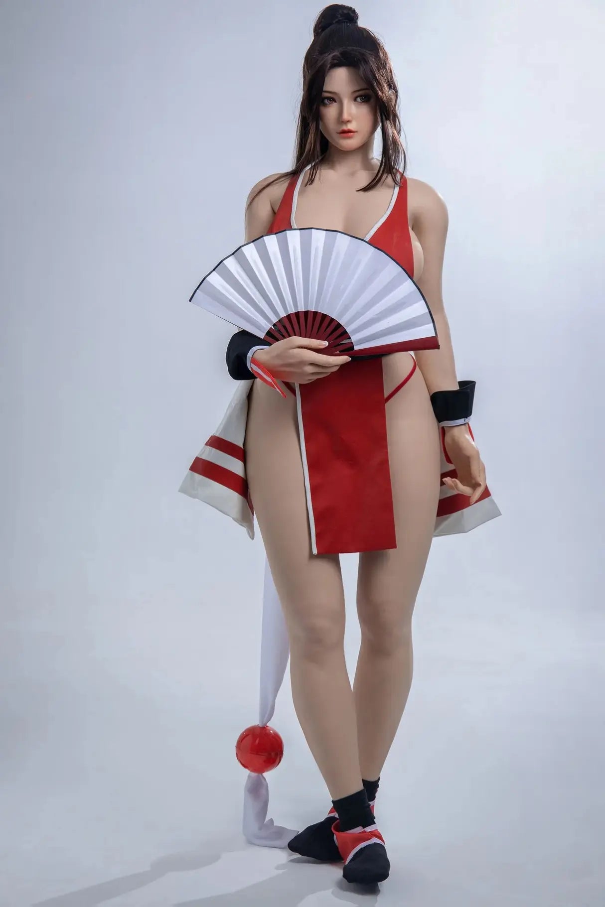 Aileen, long black hair, high ponytail with half-down hair, standing, holding her signature weapon, the fan, in her hand,  red Mai Shiranui signature kunoichi costume, sex AF, full shot– cosplay sex doll by TopLoveDoll