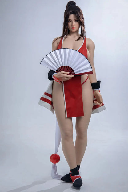 Aileen, long black hair, high ponytail with half-down hair, standing, holding her signature weapon, the fan, in her hand,  red Mai Shiranui signature kunoichi costume, sex AF, full shot– cosplay sex doll by TopLoveDoll