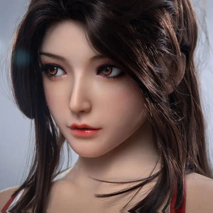 Aileen, long black hair, high ponytail with half-down hair, standing, holding her signature weapon, the fan, in her hand,  red Mai Shiranui signature kunoichi costume, sex AF, look away, face close-up – cosplay sex doll by TopLoveDoll