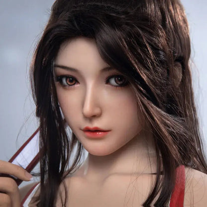 Aileen, long black hair, high ponytail with half-down hair, standing, holding her signature weapon, the fan, in her hand,  red Mai Shiranui signature kunoichi costume, sex AF, look at the camera seductively, face close-up – cosplay sex doll by TopLoveDoll