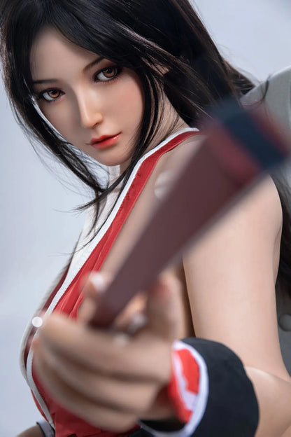 Aileen, long black hair, high ponytail with half-down hair, red Mai Shiranui signature kunoichi costume, holding her signature weapon(the fan), sex AF, standing and pointing her fan to the camera, full white studio background, eye-level side view, blurry gorgeous curves, close-up – cosplay sex doll by TopLoveDoll 