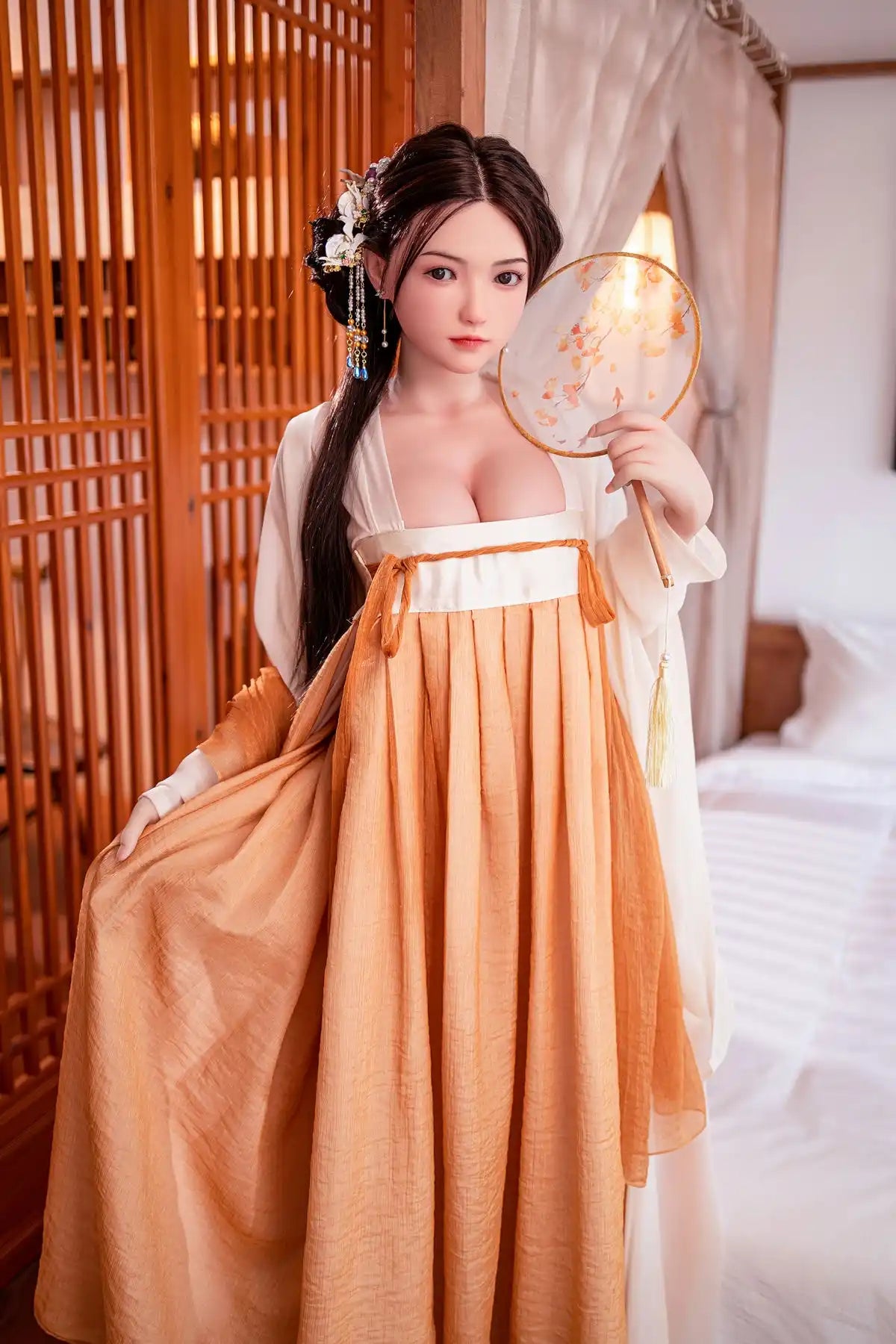 Hoe, multi-height customizable lifelike Asian companion sex doll in elegant orange tang dynasty hanfu dress,  holding a fan, realistic silicone sex doll with long black hair from Toplovedoll.com
