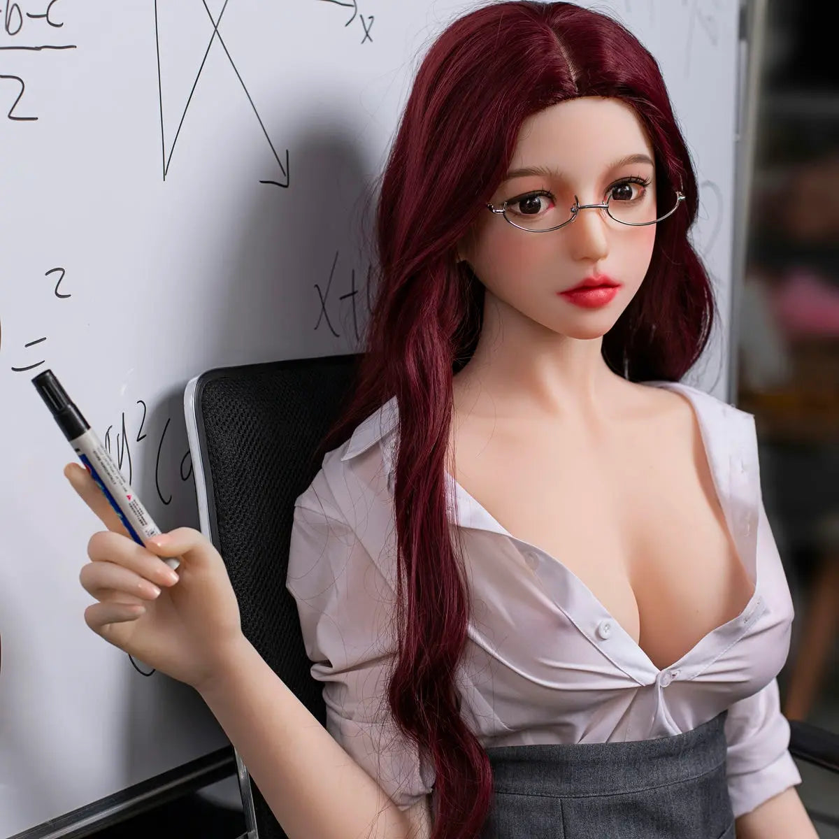 Aisha, auburn straight hair, large expressive eyes, white fitted shirt, grey pencil skirt, black stockings, classroom whiteboard – classroom roleplay girl-next-door companion sex doll by TopLoveDoll 