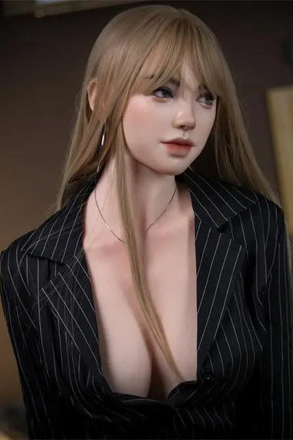Alaiya light brown straight hair black deep-V blazer open black lace lingerie black stockings curvy figure dark interior – French chic Fifty Shades inspired European curvy companion sex doll by TopLoveDoll