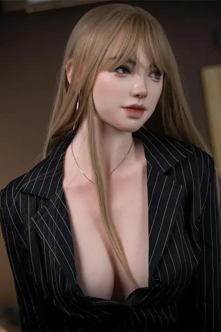 Alaiya light brown straight hair black deep-V blazer open black lace lingerie black stockings curvy figure dark interior – French chic Fifty Shades inspired European curvy companion sex doll by TopLoveDoll