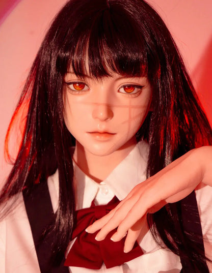 Alana, black straight long hair, white shirt black JK pinafore dress, crimson bow, white mask, scars on the face, red studio lighting – Tomie Junji Ito inspired horror beauty anime sex doll by TopLoveDoll
