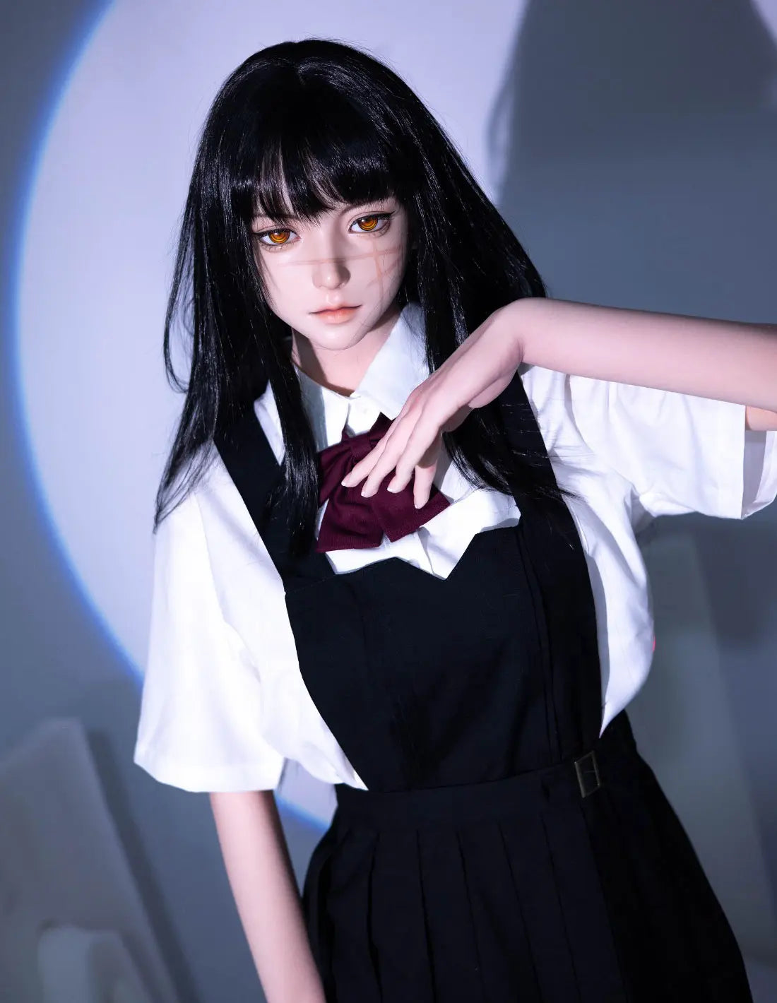 Alana, black straight long hair, white shirt black JK pinafore dress, crimson bow, white mask, scars on the face, blue studio lighting – Tomie Junji Ito inspired horror beauty anime sex doll by TopLoveDoll