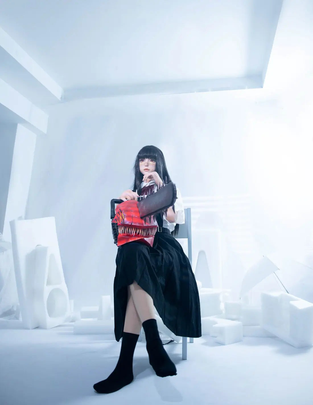 Alana, black straight long hair, white shirt black JK pinafore dress, crimson bow, white mask, scars on the face, white studio shooting scenario – Tomie Junji Ito inspired horror beauty anime sex doll by TopLoveDoll