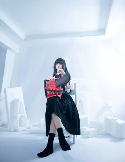 Alana, black straight long hair, white shirt black JK pinafore dress, crimson bow, white mask, scars on the face, white studio shooting scenario – Tomie Junji Ito inspired horror beauty anime sex doll by TopLoveDoll