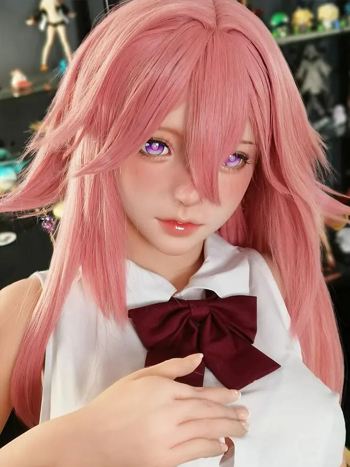 Alanna Yae Miko cosplay sex doll with pink hair and purple eyes in school uniform - Genshin Impact inspired anime BJD by TopLoveDoll