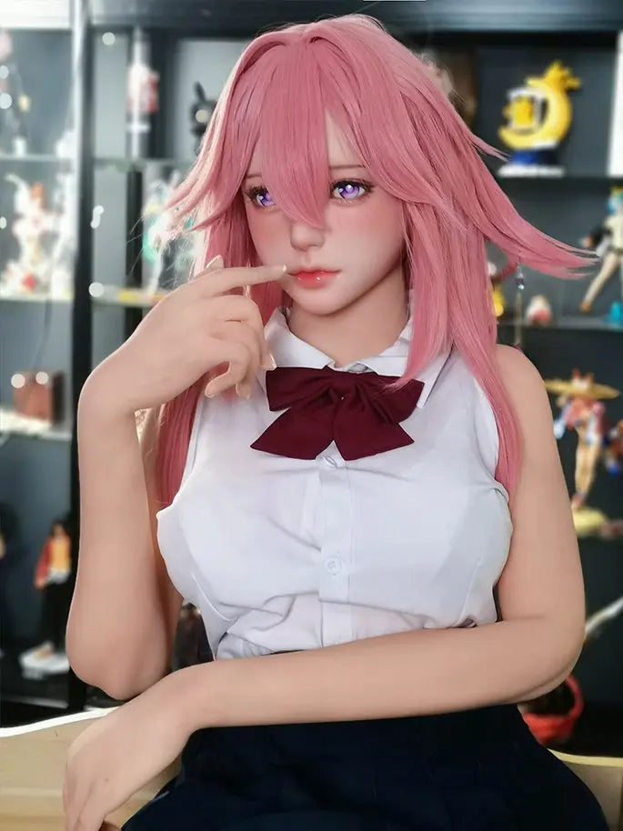 Alanna Yae Miko cosplay sex doll with pink hair and purple eyes in school uniform - Genshin Impact inspired anime BJD by TopLoveDoll