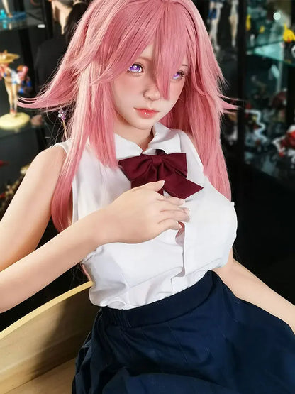 Alanna Yae Miko cosplay BJD sex doll seated pose - Genshin Impact anime companion with pink hair and bow tie