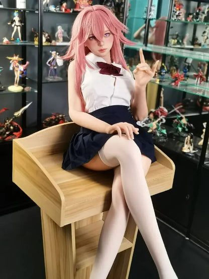 Alanna Yae Miko cosplay BJD sex doll seated pose - Genshin Impact anime companion with pink hair and bow tie