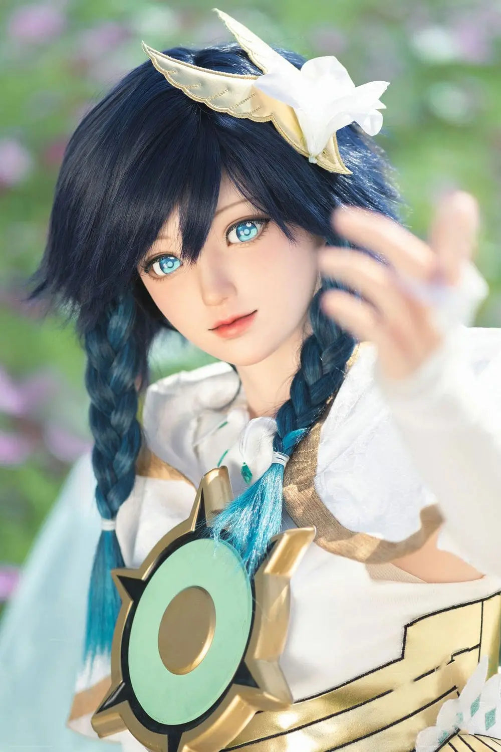 Ven, blueish black soft twin braids, white feathered wings, white hair decor, blue eyes, white green bard outfit, black harp, outdoor garden in sunny weather, Venti Genshin Impact Anemo Archon, inviting gesture, look at the camera – anime cosplay fantasy sex doll by TopLoveDoll
