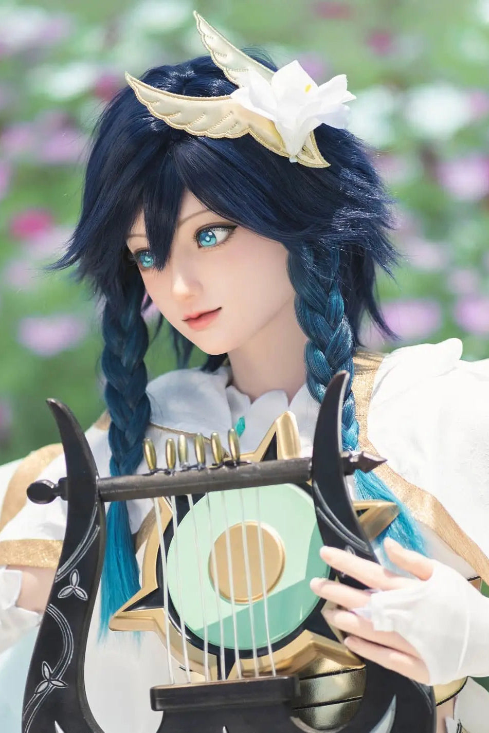 Ven, blueish black soft twin braids, white feathered wings, white hair decor, blue eyes, white green bard outfit, black harp, outdoor garden in sunny weather, Venti Genshin Impact Anemo Archon, playing the harp – anime cosplay fantasy sex doll by TopLoveDoll