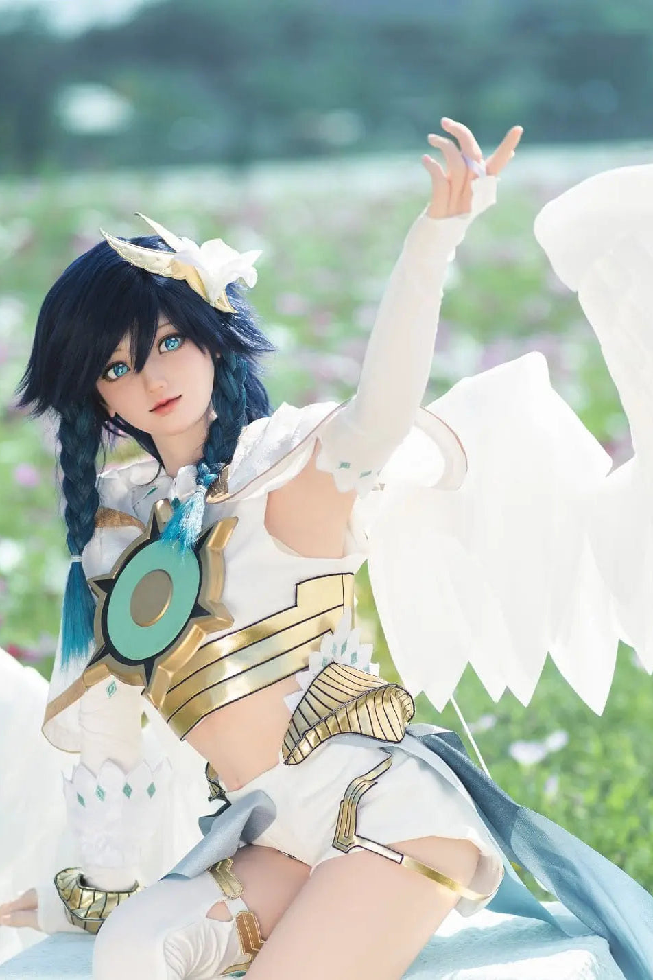 Ven, blueish black soft twin braids, white feathered wings, white hair decor, blue eyes, white green bard outfit, black harp, outdoor garden in sunny weather, Venti Genshin Impact Anemo Archon, one finger pointing to something– anime cosplay fantasy sex doll by TopLoveDoll