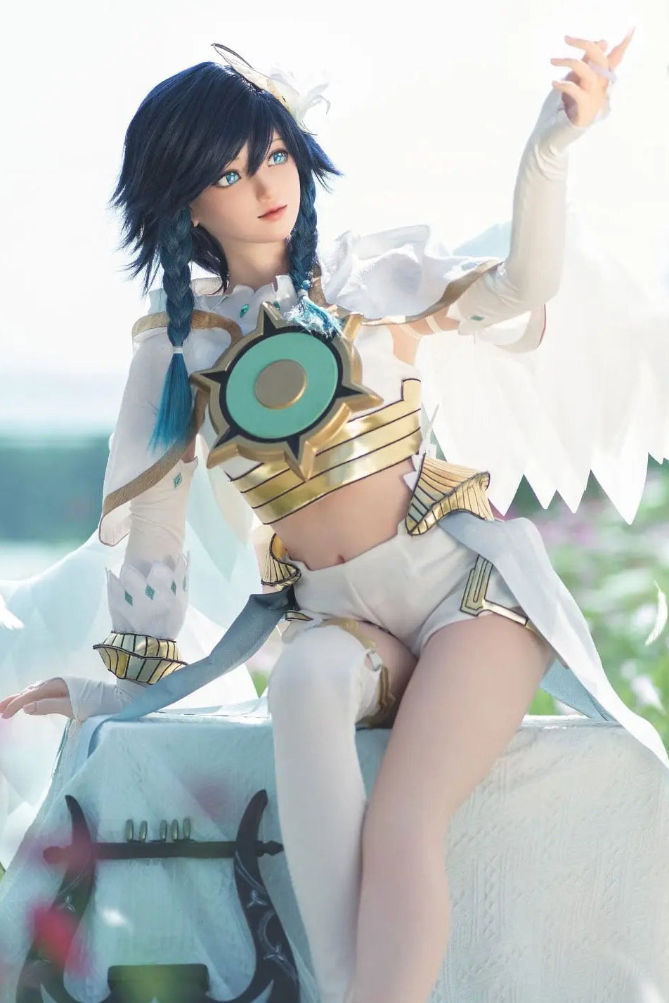 Ven, blueish black soft twin braids, white feathered wings, white hair decor, blue eyes, white green bard outfit, black harp, outdoor garden in sunny weather, Venti Genshin Impact Anemo Archon, sitting on the table – anime cosplay fantasy sex doll by TopLoveDoll
