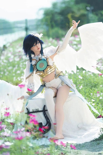 Ven, blueish black soft twin braids, white feathered wings, white hair decor, blue eyes, white green bard outfit, black harp, outdoor garden in sunny weather, Venti Genshin Impact Anemo Archon – anime cosplay fantasy sex doll by TopLoveDoll