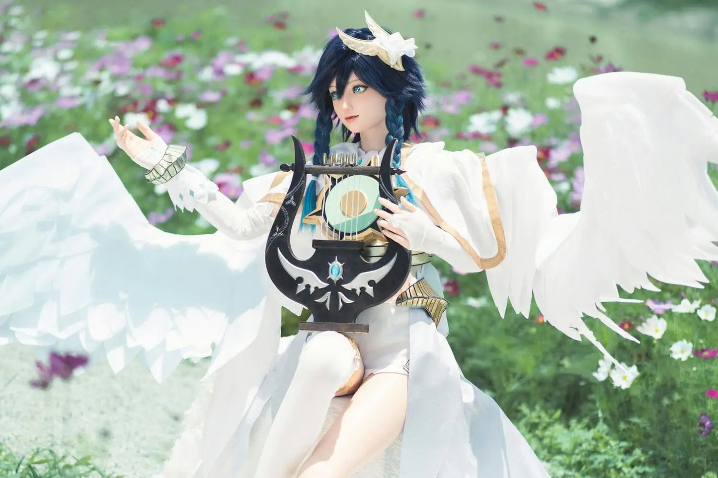 Ven, blueish black soft twin braids, white feathered wings, white hair decor, blue eyes, white green bard outfit, black harp, outdoor garden in sunny weather, Venti Genshin Impact Anemo Archon, playing the harp, horizontal profile – anime cosplay fantasy sex doll by TopLoveDoll