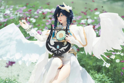 Ven, blueish black soft twin braids, white feathered wings, white hair decor, blue eyes, white green bard outfit, black harp, outdoor garden in sunny weather, Venti Genshin Impact Anemo Archon, playing the harp, horizontal profile – anime cosplay fantasy sex doll by TopLoveDoll