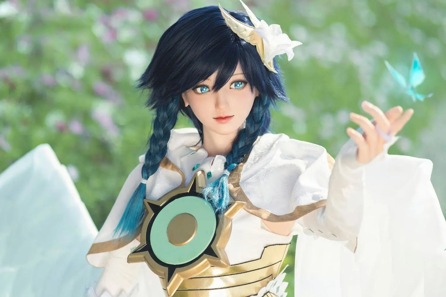 Ven, blueish black soft twin braids, white feathered wings, white hair decor, blue eyes, white green bard outfit, black harp, outdoor garden in sunny weather, Venti Genshin Impact Anemo Archon, summoning the blue butterfly, horizontal profile – anime cosplay fantasy sex doll by TopLoveDoll