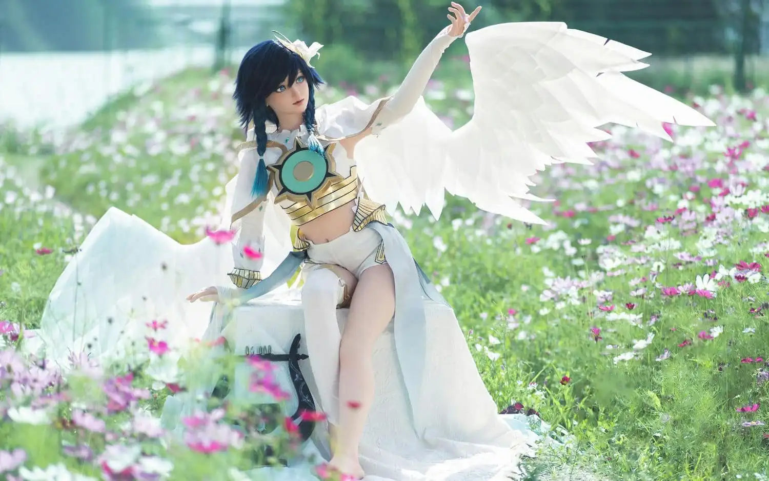 Ven, blueish black soft twin braids, white feathered wings, white hair decor, blue eyes, white green bard outfit, black harp, outdoor garden in sunny weather, Venti Genshin Impact Anemo Archon, summoning something, horizontal profile – anime cosplay fantasy sex doll by TopLoveDoll