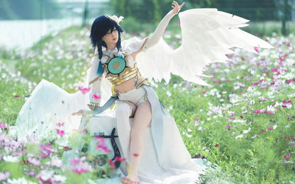 Ven, blueish black soft twin braids, white feathered wings, white hair decor, blue eyes, white green bard outfit, black harp, outdoor garden in sunny weather, Venti Genshin Impact Anemo Archon, summoning something, horizontal profile – anime cosplay fantasy sex doll by TopLoveDoll