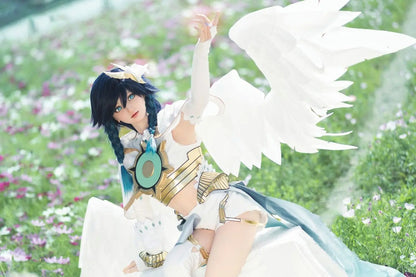Ven, blueish black soft twin braids, white feathered wings, white hair decor, blue eyes, white green bard outfit, black harp, outdoor garden in sunny weather, Venti Genshin Impact Anemo Archon, one finger pointing to the sky, summoning something, horizontal profile – anime cosplay fantasy sex doll by TopLoveDoll