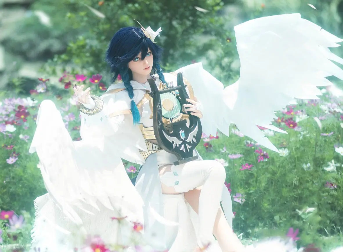 Ven, blueish black soft twin braids, white feathered wings, white hair decor, blue eyes, white green bard outfit, black harp, outdoor garden in sunny weather, Venti Genshin Impact Anemo Archon, playing the harp, horizontal profile, blurr ing filter– anime cosplay fantasy sex doll by TopLoveDoll