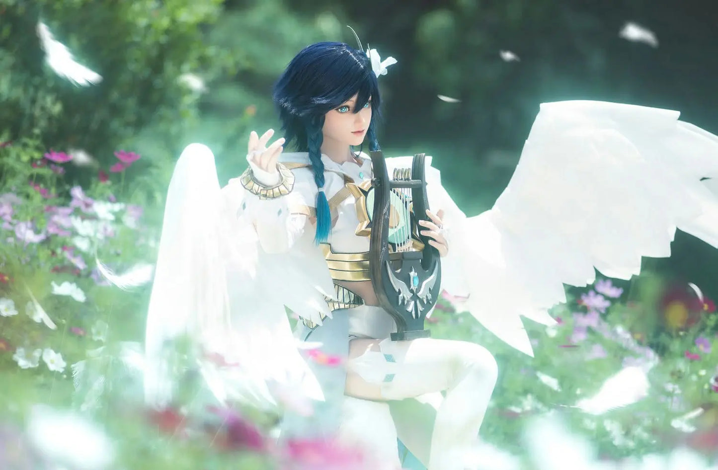 Ven, blueish black soft twin braids, white feathered wings, white hair decor, blue eyes, white green bard outfit, black harp, outdoor garden in sunny weather, Venti Genshin Impact Anemo Archon, playing the harp, side view, horizontal profile – anime cosplay fantasy sex doll by TopLoveDoll