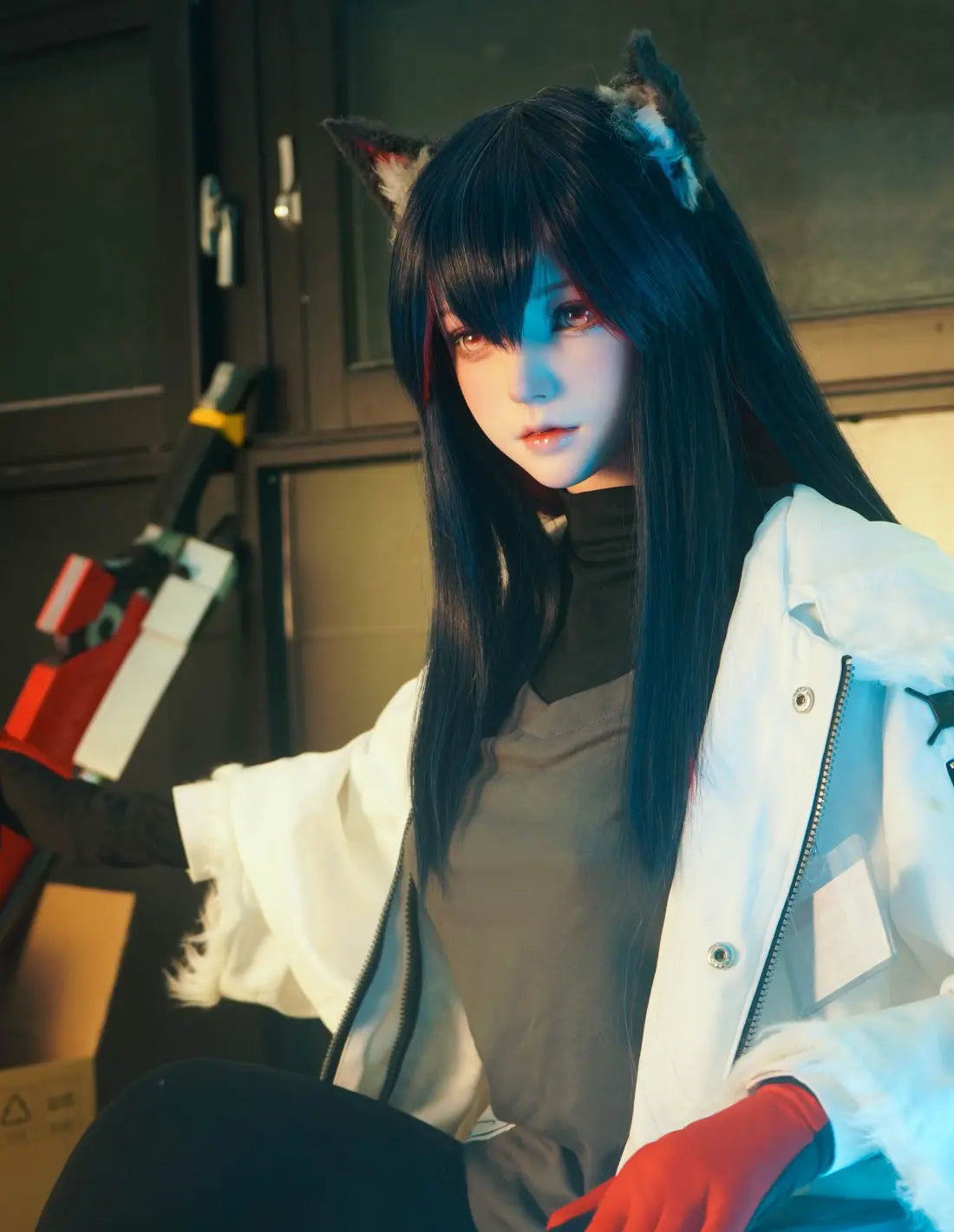 Alaya, black straight long hair, wolf ears, white military coat, black turtleneck, red gloves, orange lance, pink dreamy eyes, blue studio lighting, Texas the Omertosa Winter Messenger Arknights, looking at the distance– anime cosplay fantasy sex doll by TopLoveDoll