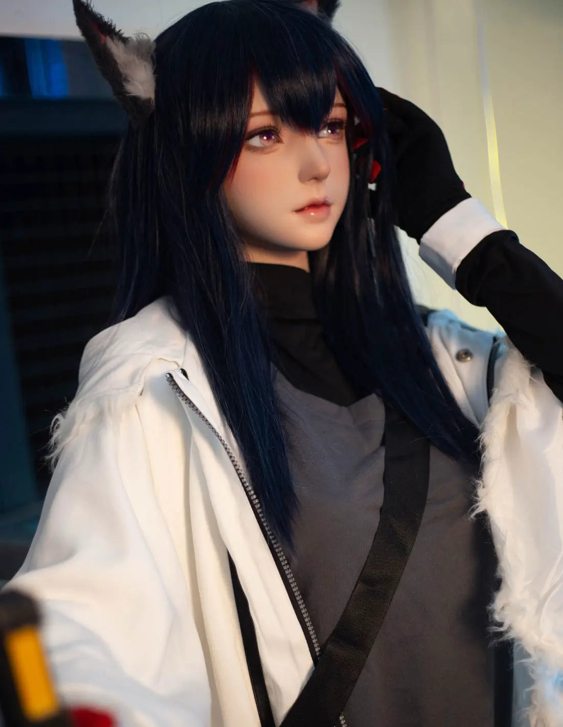 Alaya, black straight long hair, wolf ears, white military coat, black turtleneck, red gloves, orange lance, pink dreamy eyes, blue studio lighting, Texas the Omertosa Winter Messenger Arknights, looking at the distance, receiving orders on her earphone– anime cosplay fantasy sex doll by TopLoveDoll