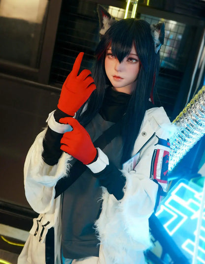 Alaya, black straight long hair, wolf ears, white military coat, black turtleneck, red gloves, orange lance, pink dreamy eyes, blue studio lighting, Texas the Omertosa Winter Messenger Arknights, looking at the distance, adjusting her glove– anime cosplay fantasy sex doll by TopLoveDoll