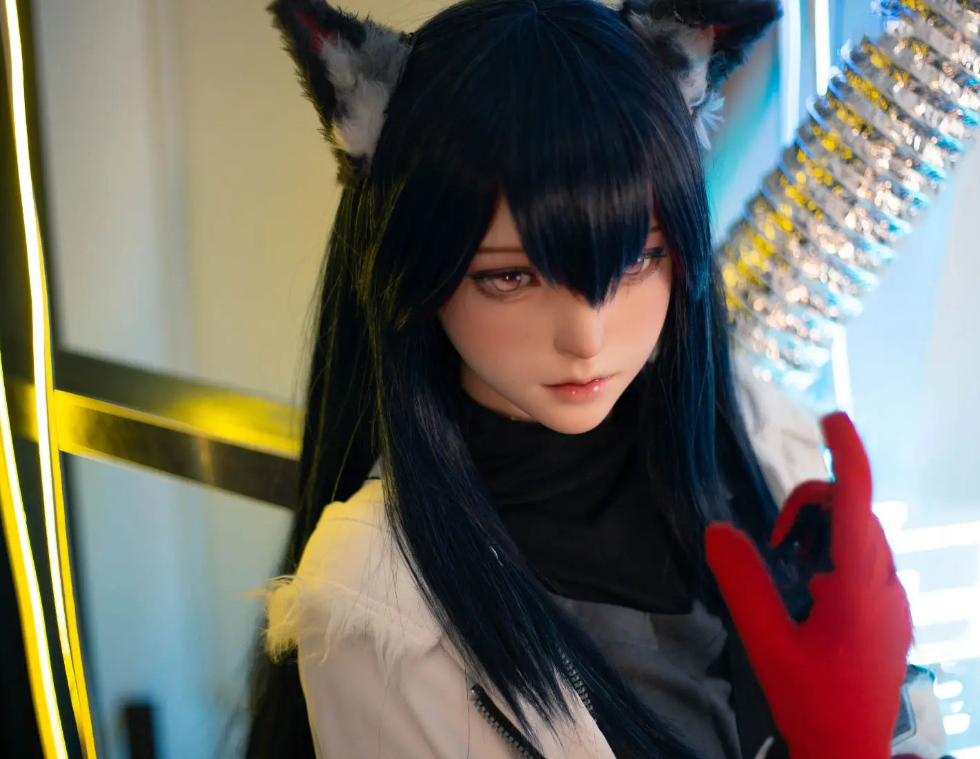 Alaya, black straight long hair, wolf ears, white military coat, black turtleneck, red gloves, orange lance, pink dreamy eyes, blue studio lighting, Texas the Omertosa Winter Messenger Arknights, looking at the distance, glassy lip gloss– anime cosplay fantasy sex doll by TopLoveDoll