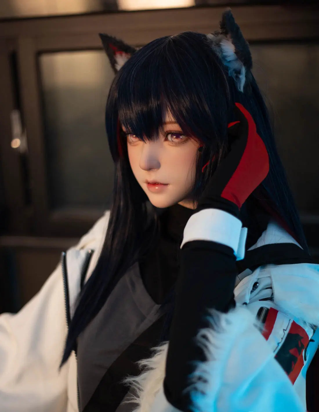 Alaya, black straight long hair, wolf ears, white military coat, black turtleneck, red gloves, orange lance, pink dreamy eyes, blue studio lighting, Texas the Omertosa Winter Messenger Arknights, looking at the distance, listening to something, close up– anime cosplay fantasy sex doll by TopLoveDoll