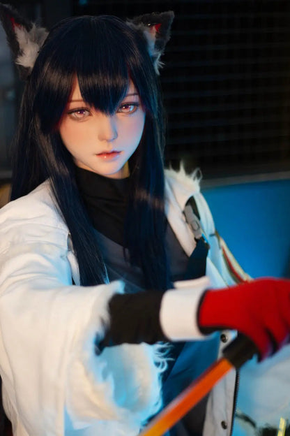 Alaya black straight long hair wolf ears white military coat black turtleneck red gloves orange lance pink dreamy eyes blue studio lighting Texas the Omertosa Winter Messenger Arknights – anime cosplay fantasy sex doll by TopLoveDoll