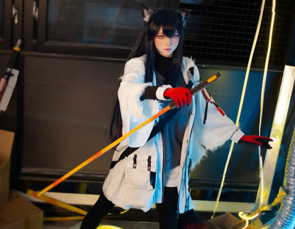 Alaya, black straight long hair, wolf ears, white military coat, black turtleneck, red gloves, orange lance, pink dreamy eyes, blue studio lighting, Texas the Omertosa Winter Messenger Arknights, looking at the distance, listening to something, holding  a weapon, big furry tail, defensive position, anime cosplay fantasy sex doll by TopLoveDoll
